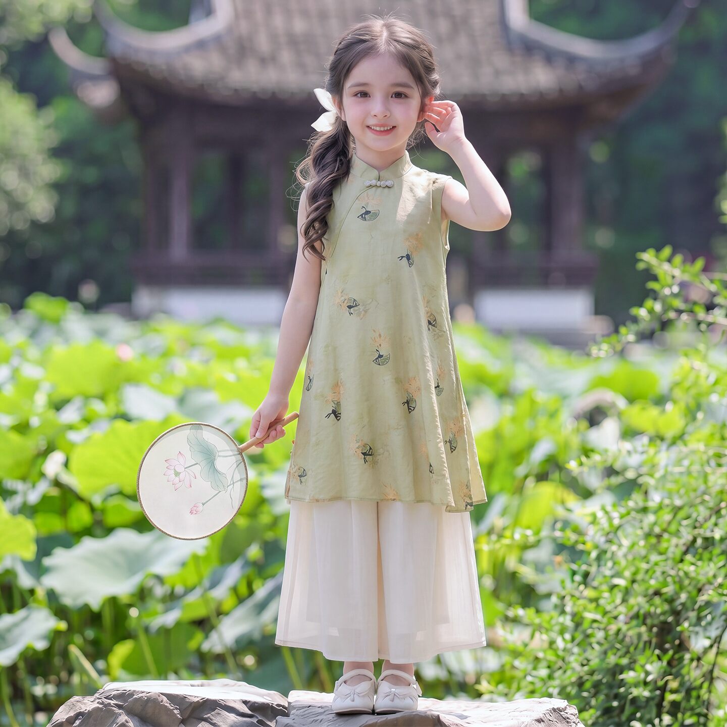 女童新中式套装夏季新款儿童国风改良旗袍上衣阔腿裤两件套汉服