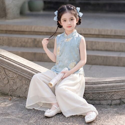 女童新中式套装夏季新款儿童改良汉服女孩中国风上衣阔腿裤两件套