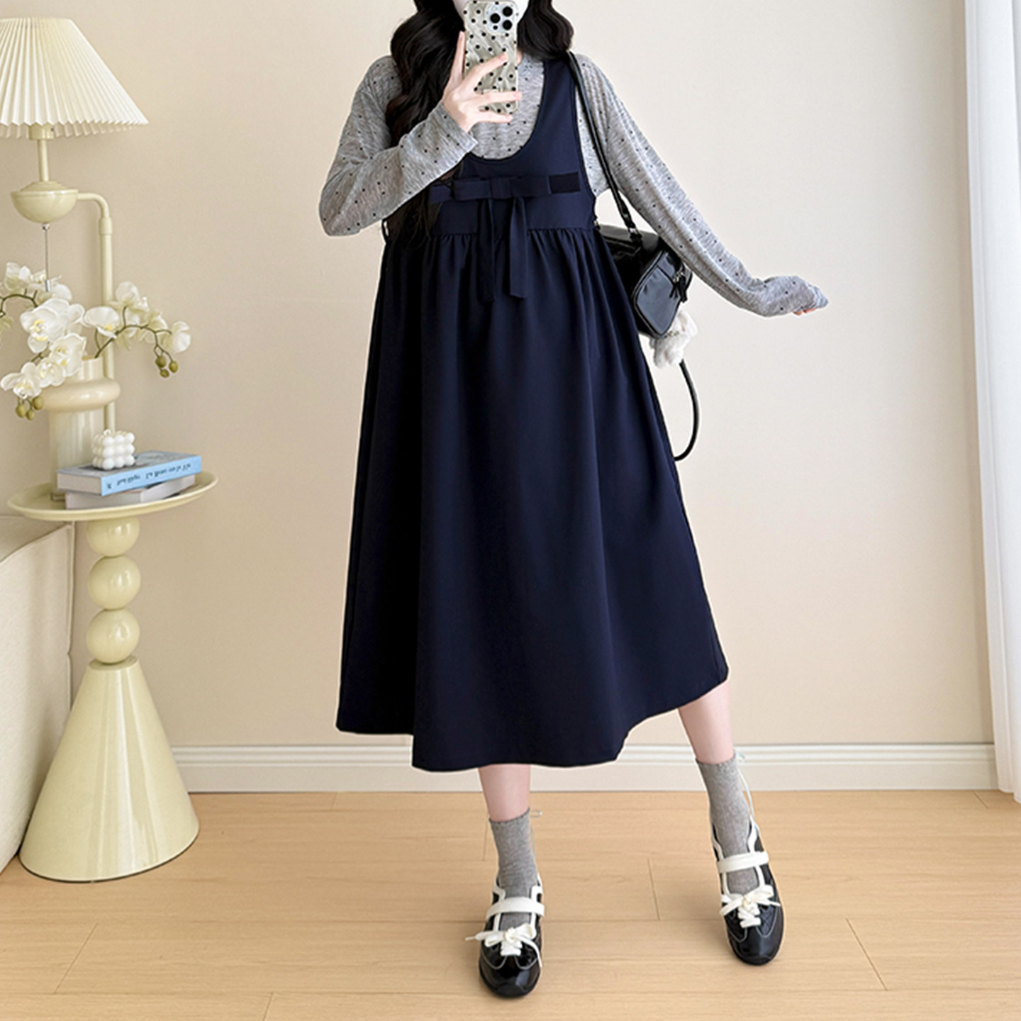 孕妇装背心裙套装早春新款蝴蝶结遮肚显瘦百搭+波点内搭两件套