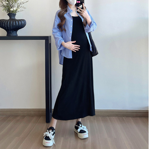 孕妇条纹衬衫+吊带连衣裙两件套