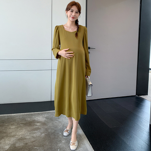 孕妇连衣裙秋季雪纺中长款裙子纯色长袖春秋系带裙子垂感大码宽松