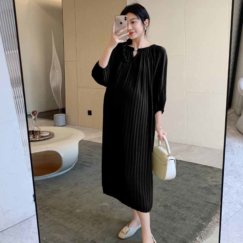 孕妇装春夏装插肩袖连衣裙时尚款V领七分袖宽松遮肚显瘦百褶裙