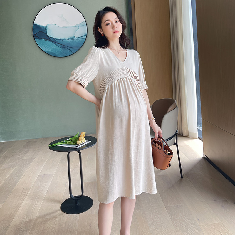 孕妇连衣裙夏季短袖宽松薄款纯色韩版夏装V领显瘦简约遮肚孕妇裙