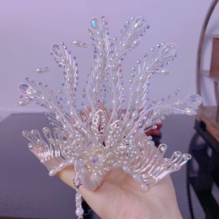 团紫原创古风汉服银丝凤正凤珍珠新娘流苏发冠古典婚嫁摄影头饰