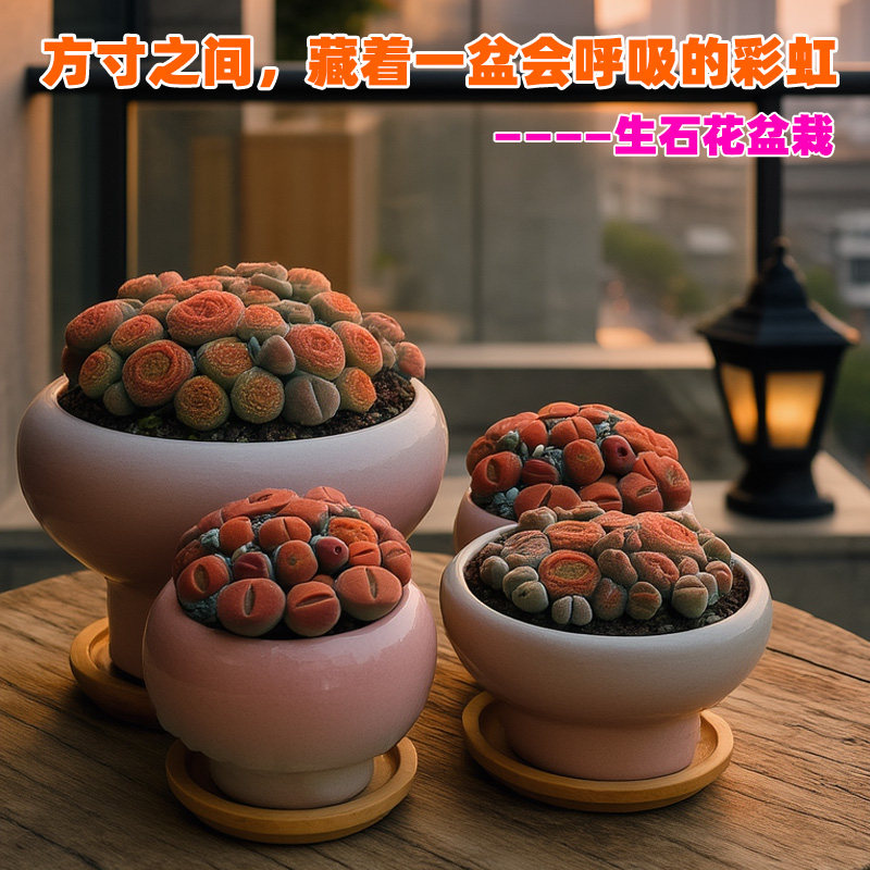 生石花带盆带土大颗屁股花多肉植物组合盆栽粉色陶瓷花盆阳台绿植