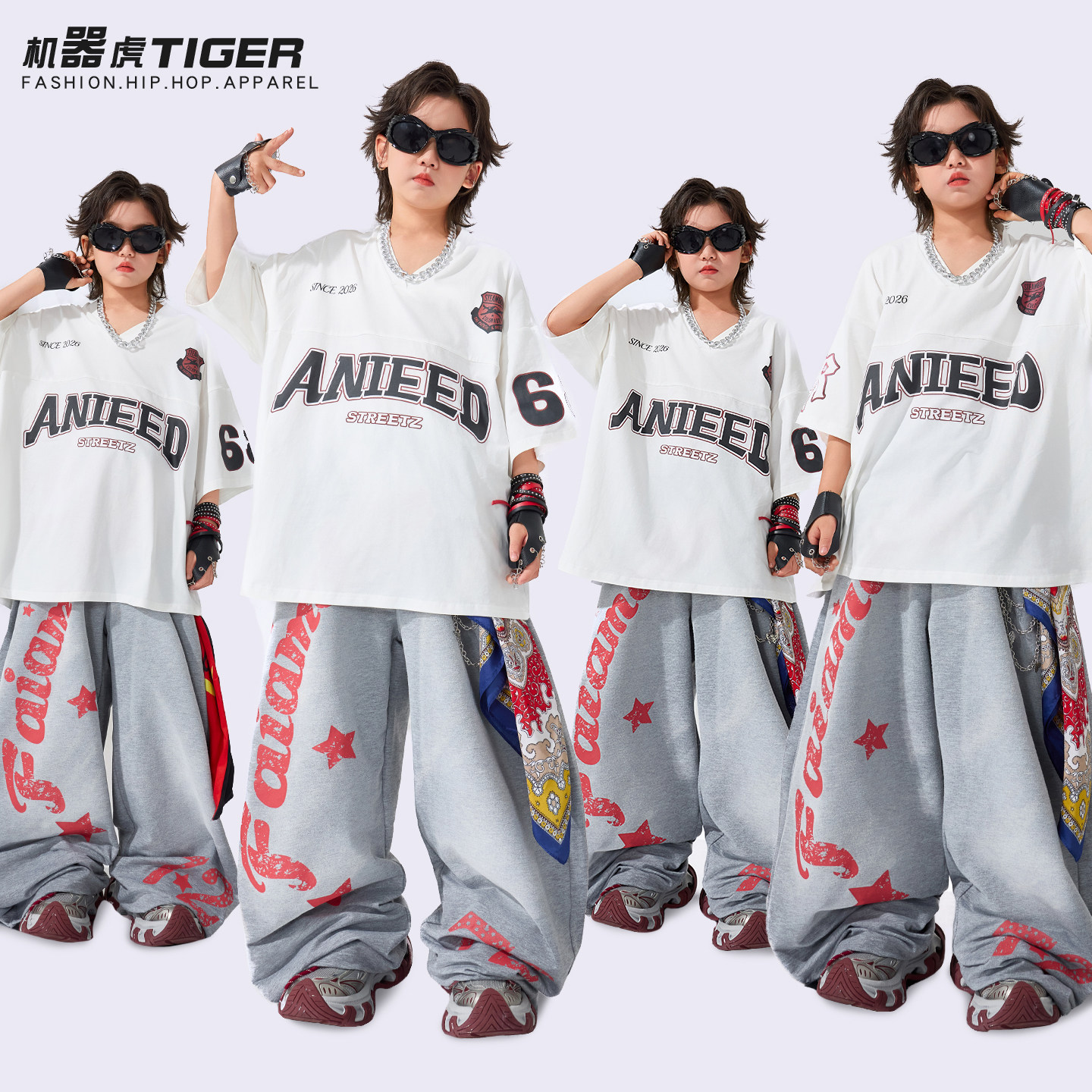 街舞潮服儿童hiphop潮酷架子鼓表演服夏季短袖套装男女童爵士演出