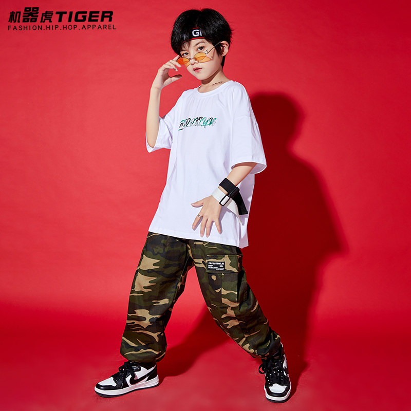 儿童街舞潮装嘻哈迷彩元素短袖个性男童hiphop表演衣服演出服套装
