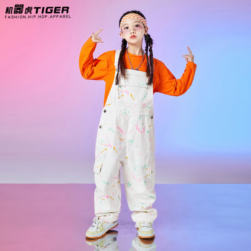 儿童街舞潮装女童爵士嘻哈潮流套装男童宽松背带裤架子鼓表演服潮