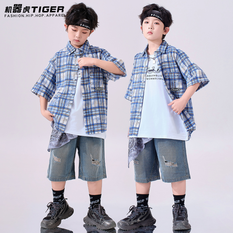 儿童街舞潮服男童嘻哈hiphop演出服少儿炸街潮炫酷夏季短袖表演服