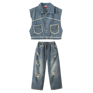 女童爵士舞服装街舞儿童潮服演出服男童牛仔工装hiphop嘻哈表演服