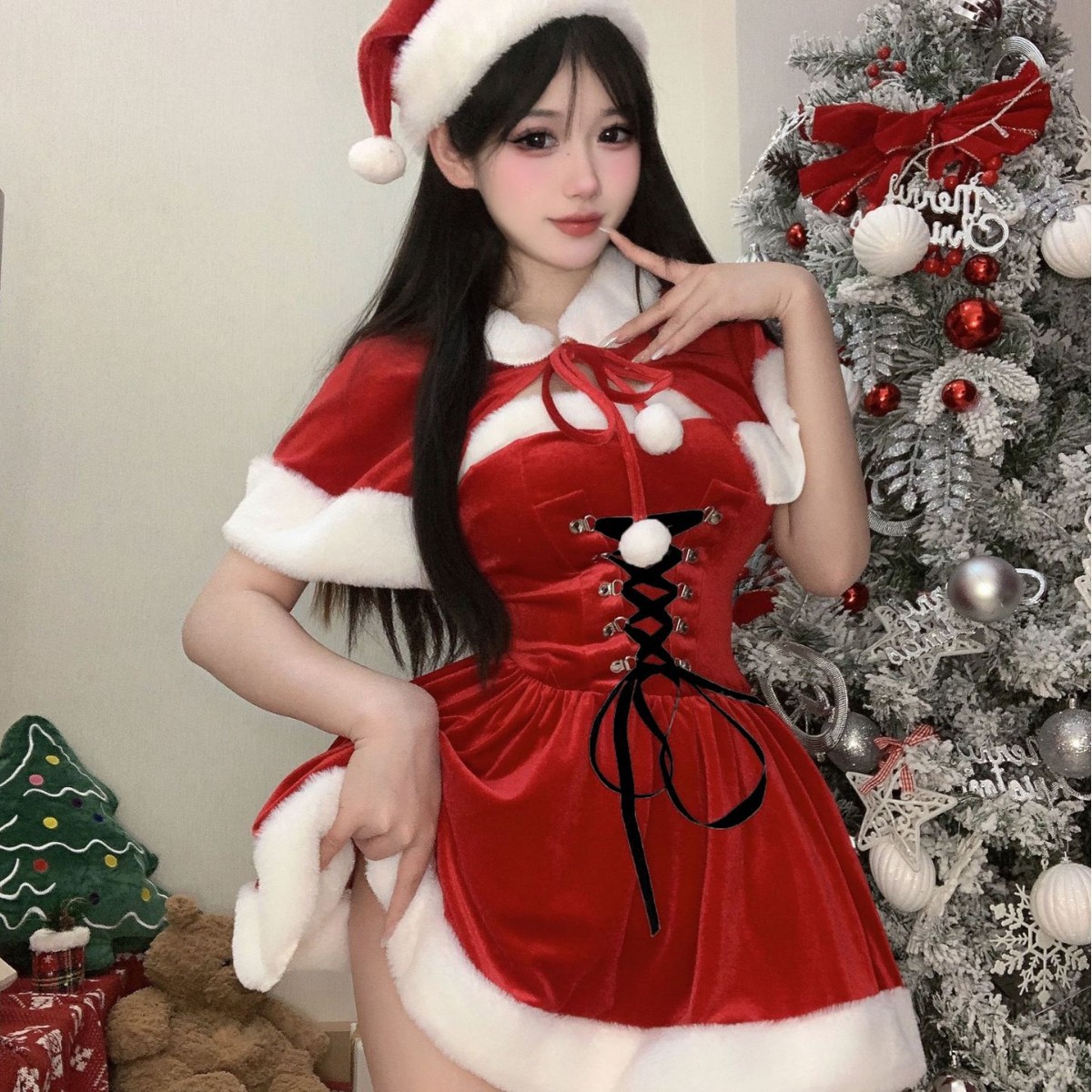 公主请看！ 圣诞披肩丝绒连衣裙性感系带收腰纯欲内衣女b