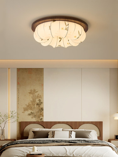 宋代古风高级感卧室吸顶灯法式复古胡桃木纹布艺护眼主卧书房灯具