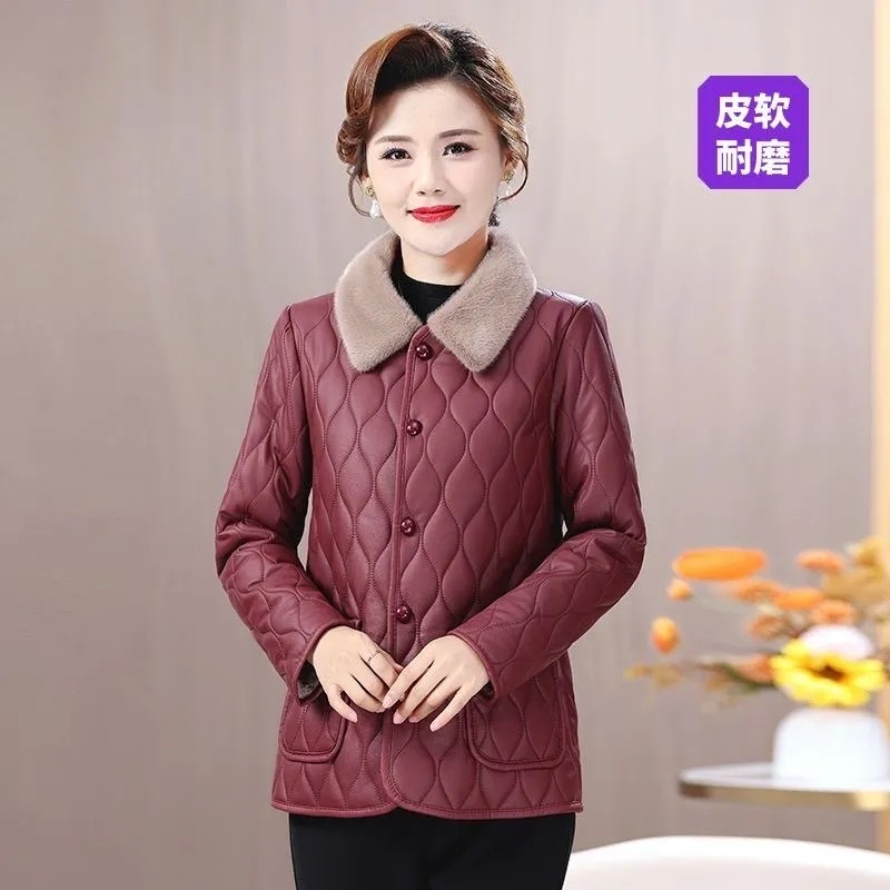 新款女装中老年洋气妈妈棉袄加绒加厚外套保暖棉衣免洗PU棉服秋冬