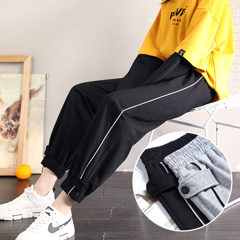 黑色运动裤女宽松束脚春秋季大码胖mm高腰显瘦直筒九分休闲卫裤子