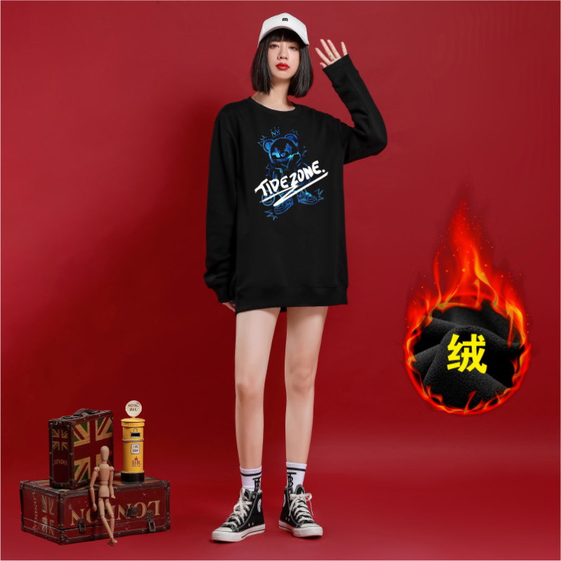 Ohlyah笑脸卫衣chic港风圆领女加绒加厚黑色宽松长袖学生班服定制