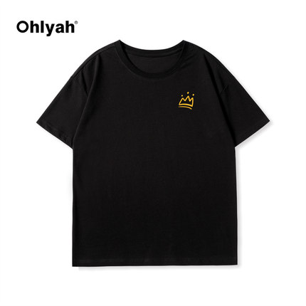 Ohlyah国潮小皇冠胸花印花短袖T恤男女纯棉夏季街头宽松休闲打底T
