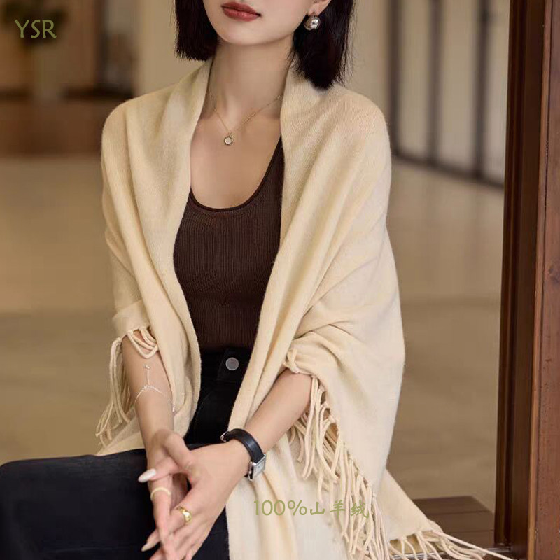 新款100%山羊绒加长三角形流苏边大披肩女纯色时尚外搭披风斗篷