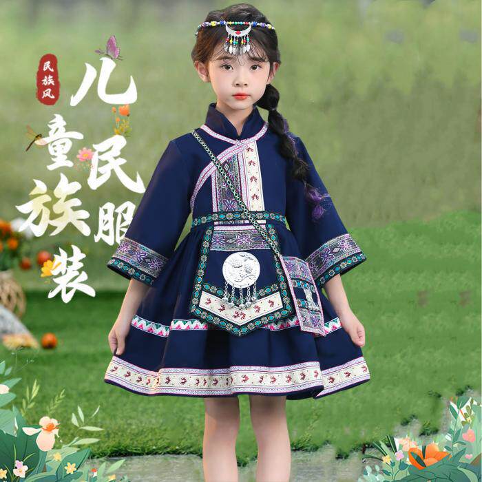 广西壮族三月三儿童少数民族服装苗族演出女童洛丽塔土家族舞蹈服