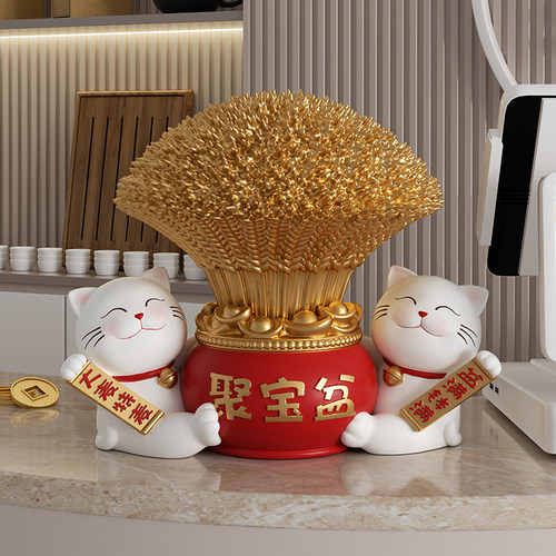 大麦招财猫摆件聚宝盆送朋友店铺开业礼物前台招财聚财装饰工艺礼