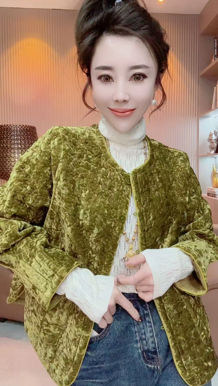 新中式国风圆领真丝绒砸线宽松加棉短外套女2025秋冬复古棉服上衣