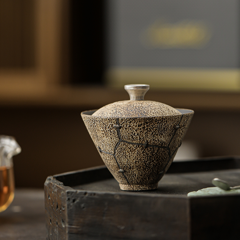 粉引鎏银锔钉三才盖碗不烫手茶具