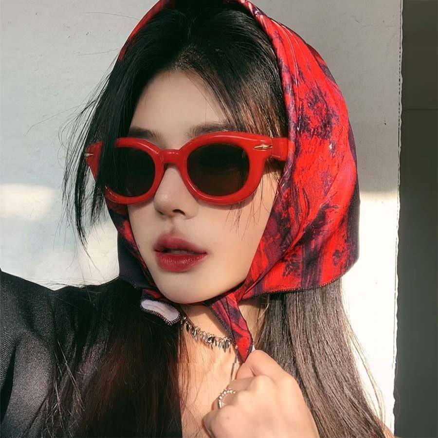 复古椭圆红色框猫眼高级感太阳眼镜方圆脸显瘦防紫外线墨镜女潮