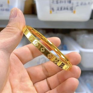 999纯银手镯女万花筒幸运四叶草开口金色镯子实心时尚年轻款手环
