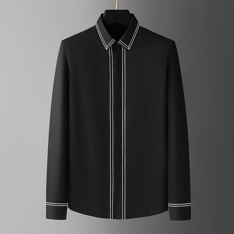 春秋新款领子袖口线条刺绣男士长袖黑白衬衣时尚百搭衬衫工厂