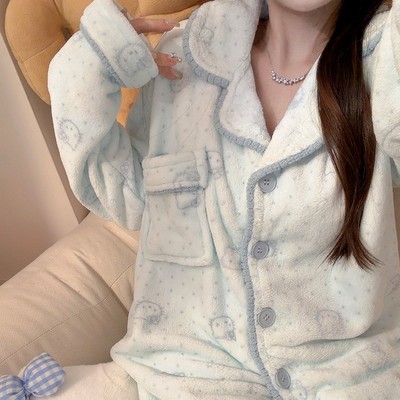 天蓝kitty睡衣女秋冬季珊瑚绒
