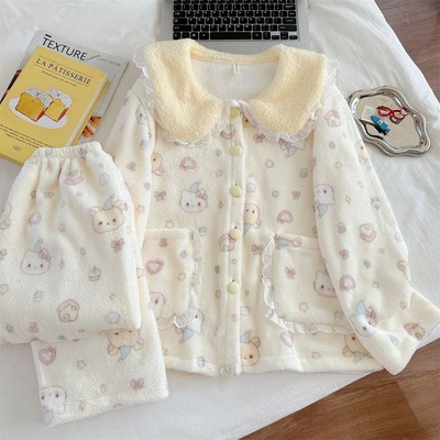 轻松熊珊瑚绒睡衣女秋冬季新款