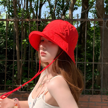 小红帽速干抽绳渔夫帽女夏季红色遮阳帽可折叠防晒帽户外登山帽子