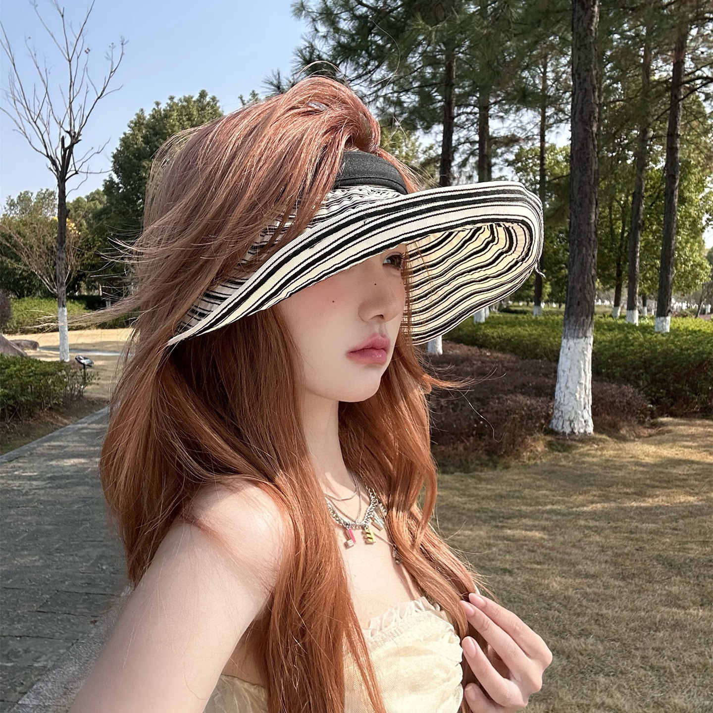 条纹空顶防晒帽女夏韩版大帽檐可折叠遮阳帽出游防晒神器户外帽子