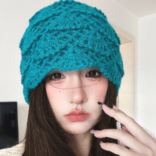 湖蓝色手工编织毛线帽女秋冬显脸小复古针织帽2025新款民族风帽子