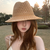 镂空巴拿马草帽女夏季 海边度假沙滩帽防晒遮阳出游草编爵士礼帽潮