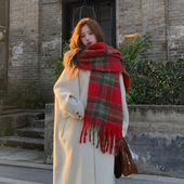 圣诞红色格子围巾女冬季 韩版 穿搭保暖加厚针织披肩围脖两用秋冬潮