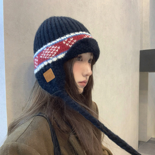 费尔岛风毛线帽女冬季加厚保暖针织帽护耳冷帽大头大脸显脸小帽子