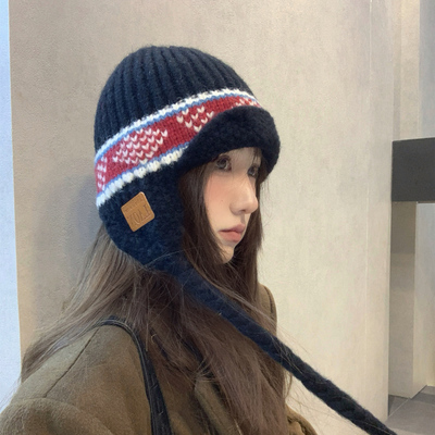 费尔岛风毛线帽女冬季加厚保暖针织帽护耳冷帽大头大脸显脸小帽子