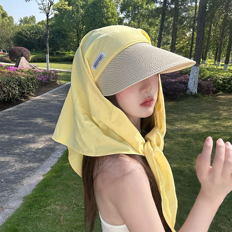 黄色渔夫帽子女夏季透气防晒遮阳帽户外出游太阳帽拼接三角巾草帽