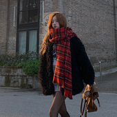 高级感百搭红色格子围脖学生情侣加厚保暖披肩 韩版 新款 围巾女冬季