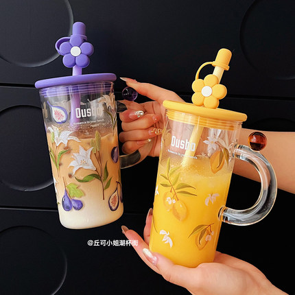 Ousbo双层玻璃水杯女生高颜值吸管杯大容量新款办公室桌面咖啡杯