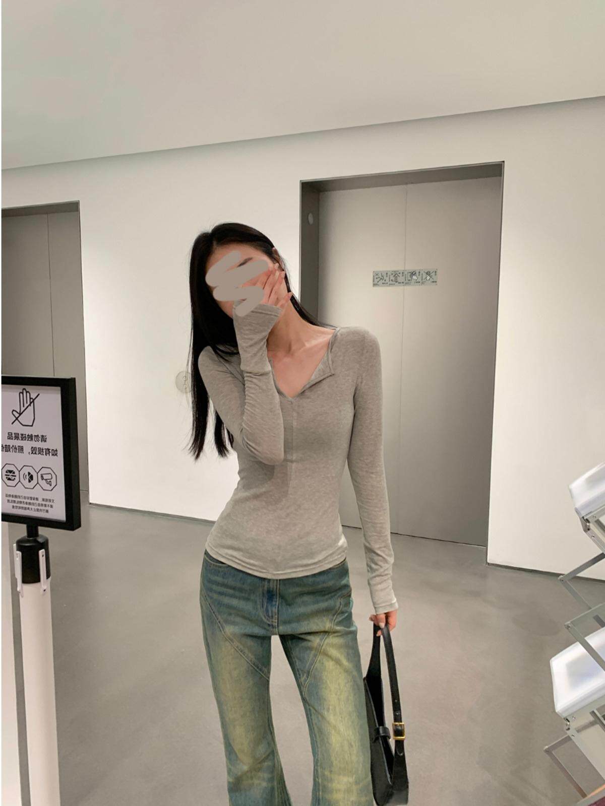 TENCEL SMALL LAPELS LONG-SLEEVED T-SHIRTS WOMENS EARLY AUTUMN THIN SIMPLE SLIM SLIM SUNSCREEN BASE WOOL TOP