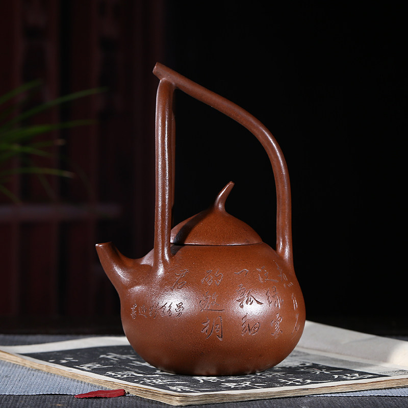 宜兴紫砂壶 手工 原矿紫砂 茄瓜提梁 养过老壶480毫升