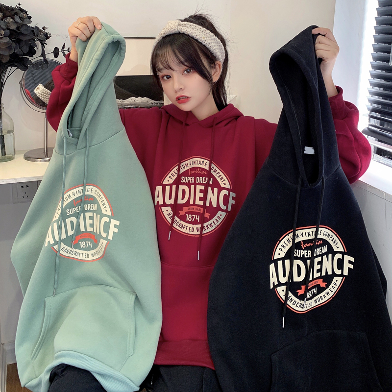 250g winter hooded sweater women's loose cartoon printed pocket coat