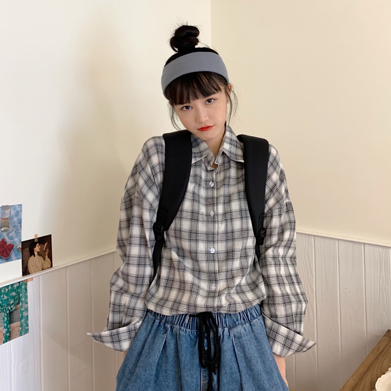 實拍格子襯衫外套女2020新款韓版寬鬆百搭學生復古港味薄長袖上衣