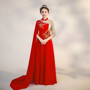 新款女童古筝汉服演出服大合唱大红色中国风古典民乐演奏艺考长裙