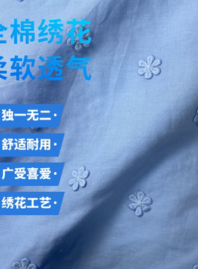 纯棉镂空透气绣花蓝色布料全棉原绿纱布刺绣面料日韩花边百搭布帘