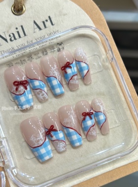 Mm nail蓝色格纹蕾丝穿戴甲纯手工定制可爱甜美蝴蝶结梯形美甲贴
