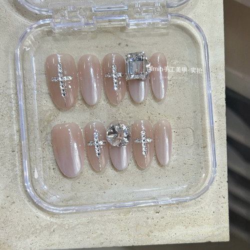 Mmnail月光十字架穿戴甲白色渐变钻球高级感裸色显白手工定制美甲