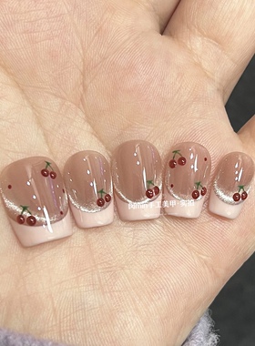 Mmin猫眼法式樱桃穿戴甲显白日常短甲简约高级感甲片成品美甲贴