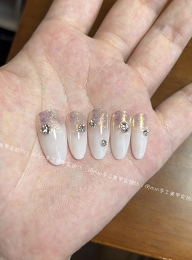 Mmnail乳白色渐变穿戴甲手工定制美甲成品云锦粉双色爆闪气质爆款